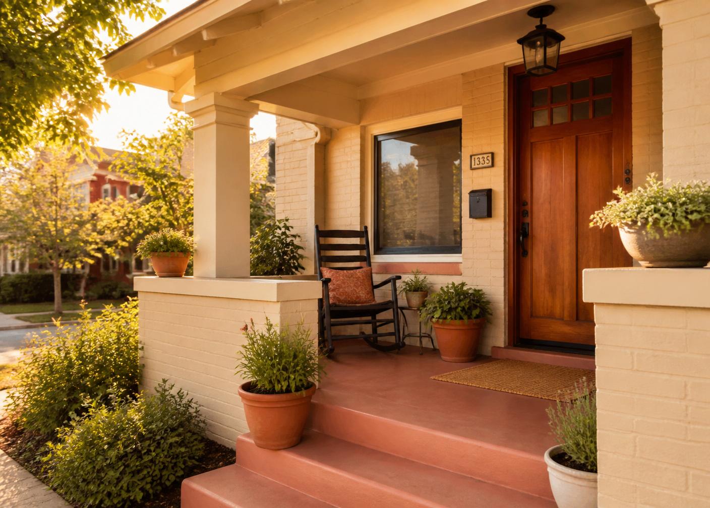 A cozy Salt Lake City craftsman front porch in the Avenues neighborhood at golden hour.